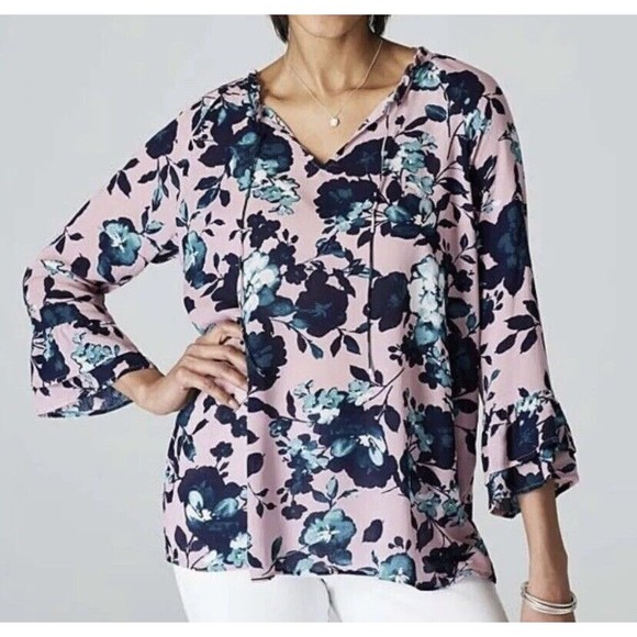 J.Jill Mauve Beautiful Blossoms Blouse Size XS Floral Ruffle Sleeve Tie Neck NEW - Picture 9 of 12